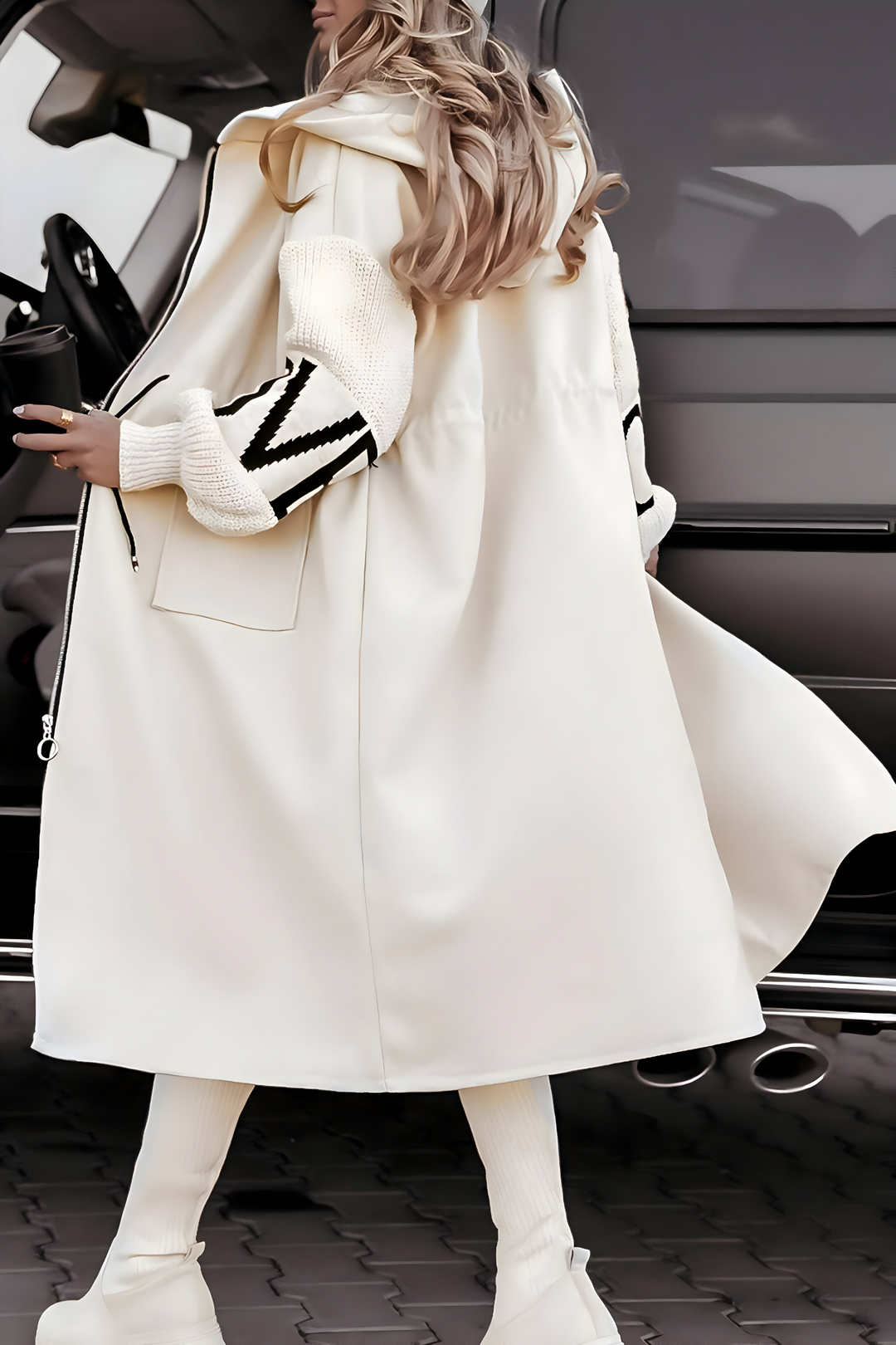 NORA | LONG COAT WITH KNITTED SLEEVES AND HOOD