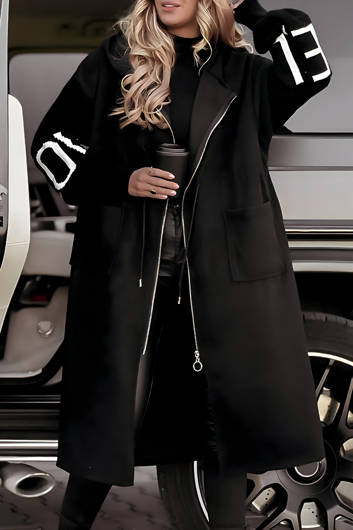 NORA | LONG COAT WITH KNITTED SLEEVES AND HOOD