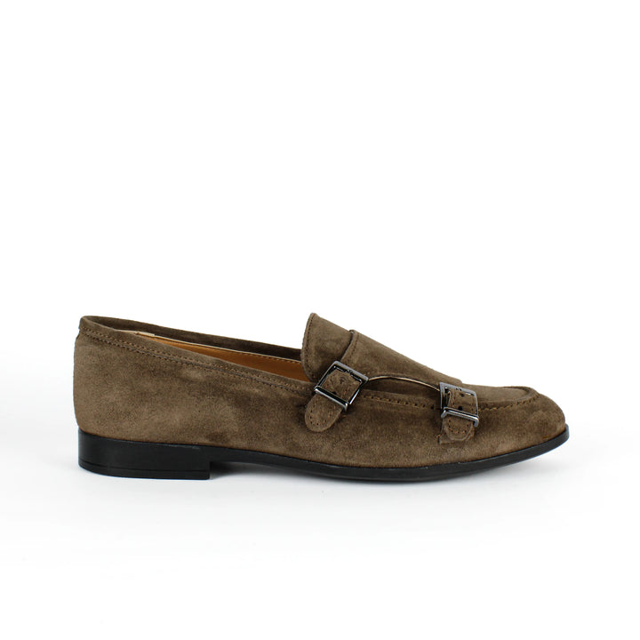 Taupe Suede Double Buckle Loafers