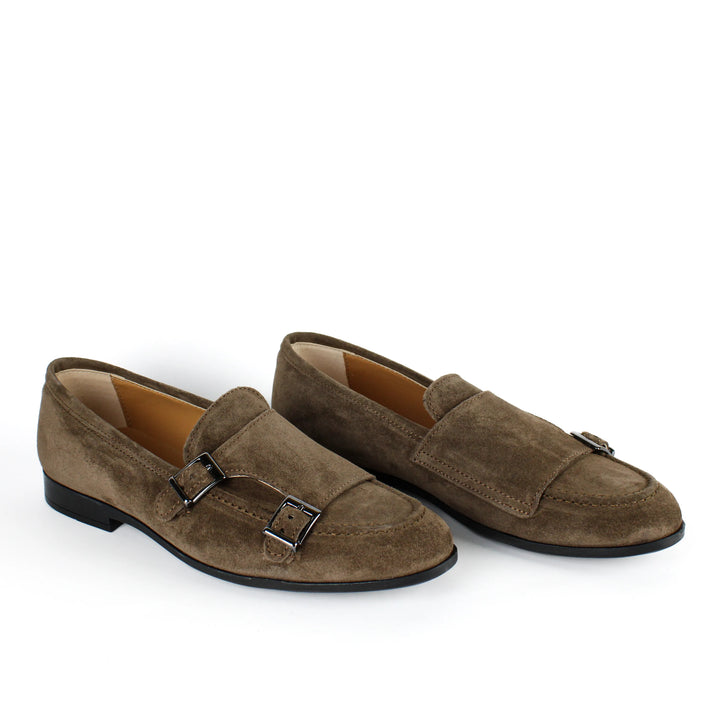 Taupe Suede Double Buckle Loafers