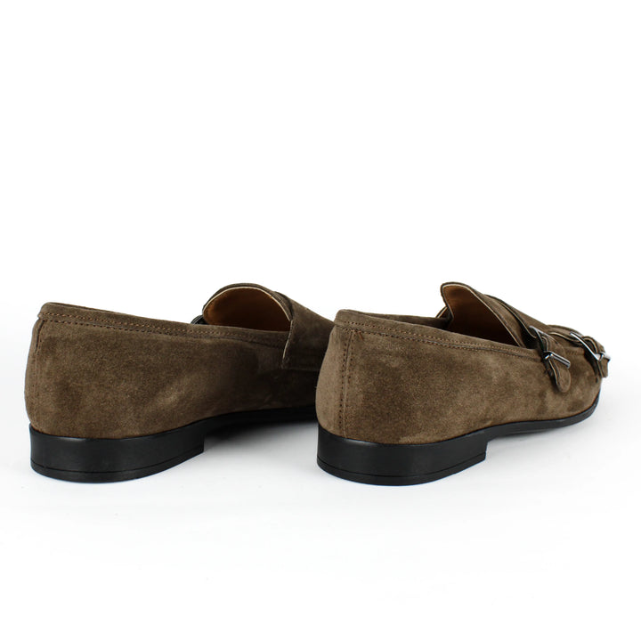 Taupe Suede Double Buckle Loafers