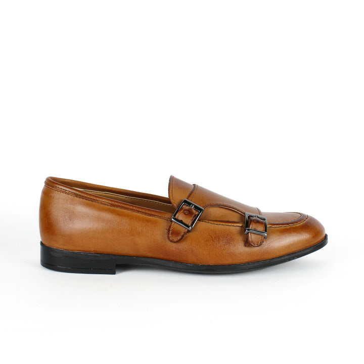 Double Buckle Leather Moccasin in Cognac