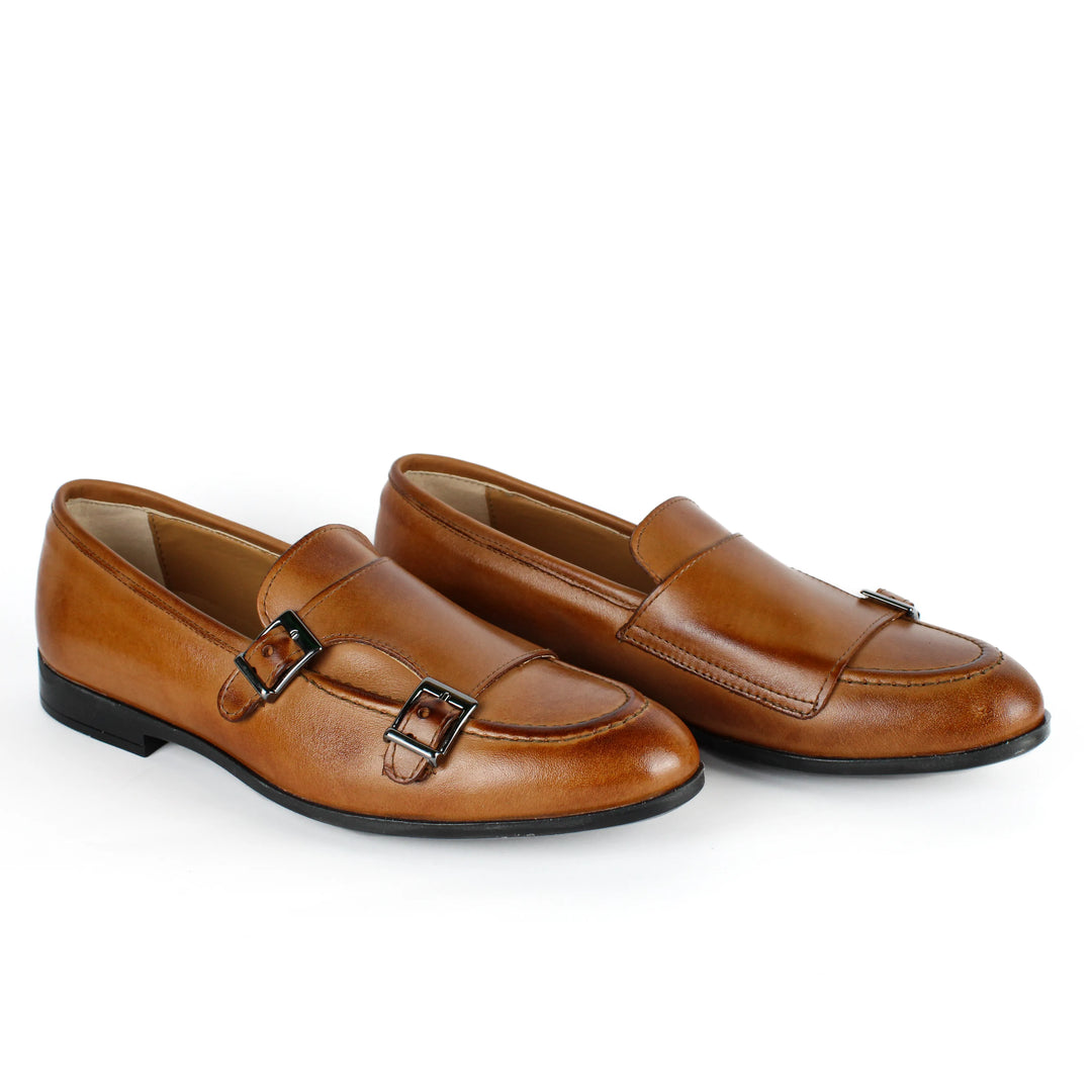 Double Buckle Leather Moccasin in Cognac