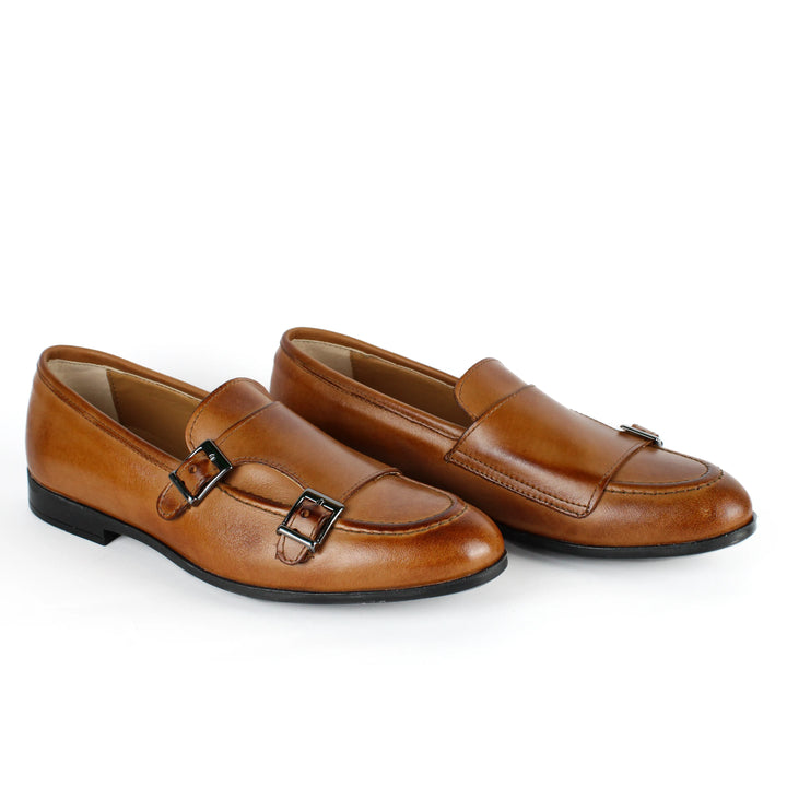 Double Buckle Leather Moccasin in Cognac