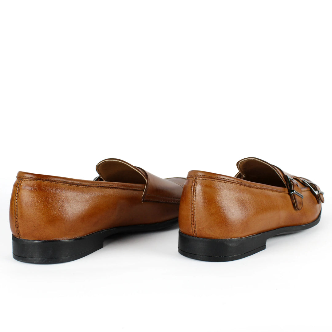 Double Buckle Leather Moccasin in Cognac