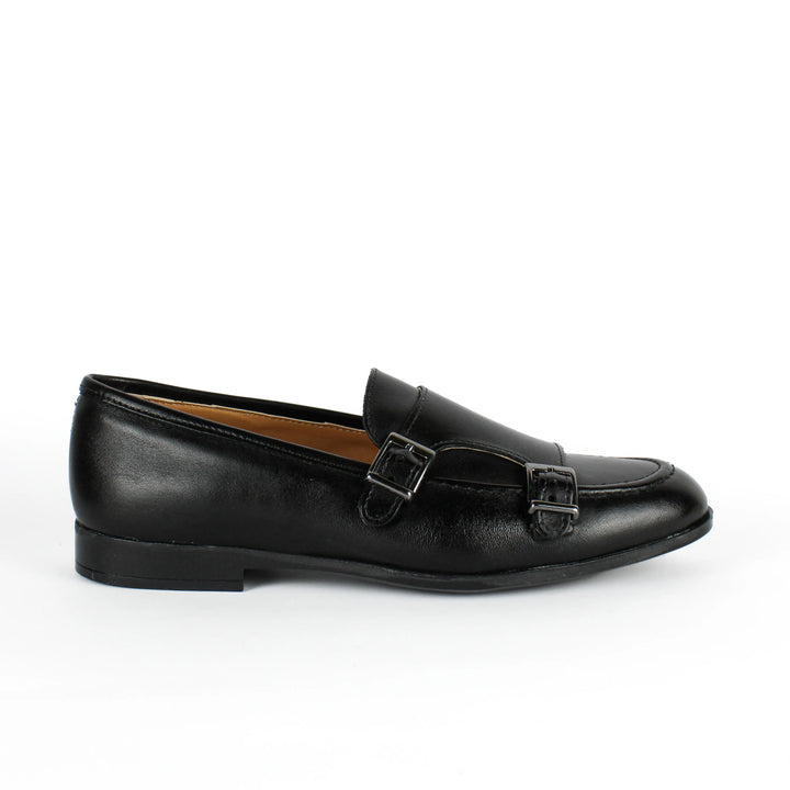 Double Buckle Black Leather Moccasins