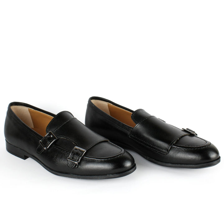 Double Buckle Black Leather Moccasins