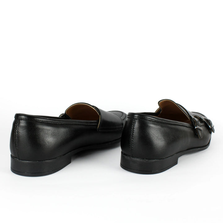 Double Buckle Black Leather Moccasins