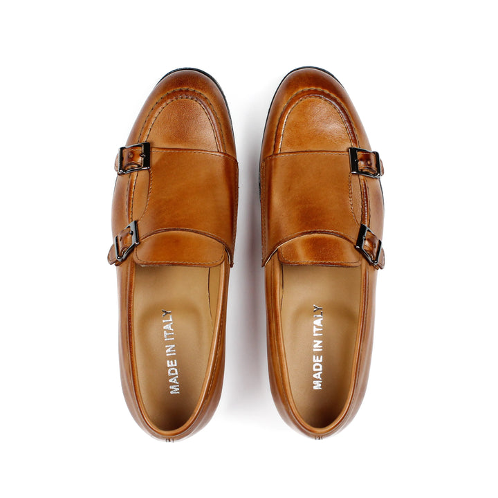Double Buckle Leather Moccasin in Cognac