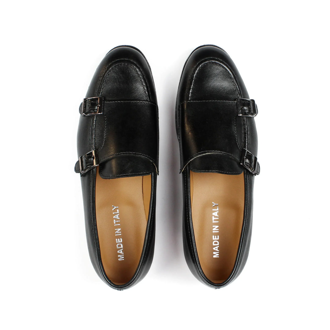 Double Buckle Black Leather Moccasins