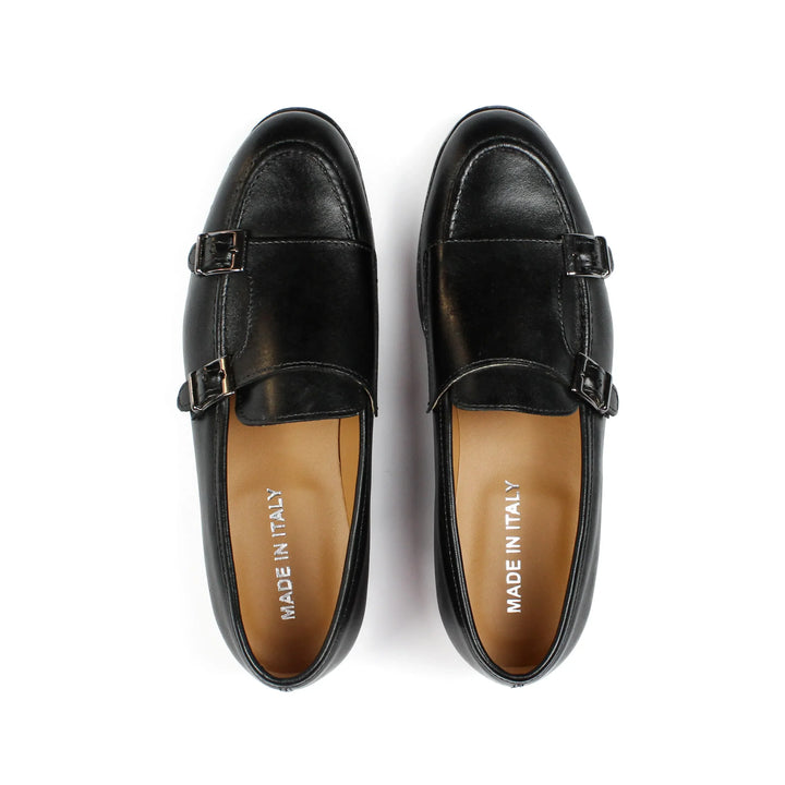 Double Buckle Black Leather Moccasins