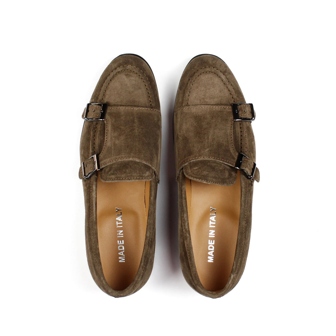 Taupe Suede Double Buckle Loafers