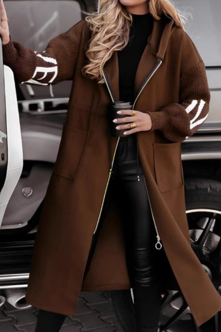 NORA | LONG COAT WITH KNITTED SLEEVES AND HOOD